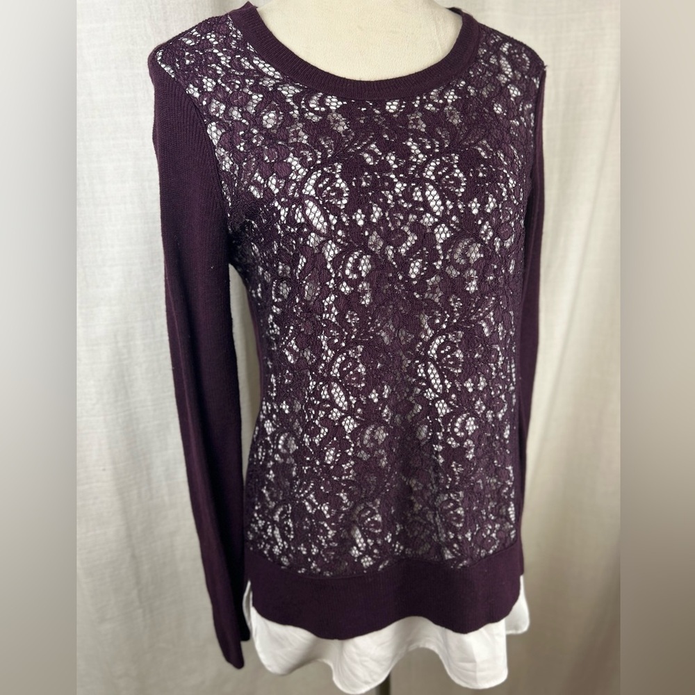 Vera Wang Deep Purple Lace‎ Long Sleeve Top